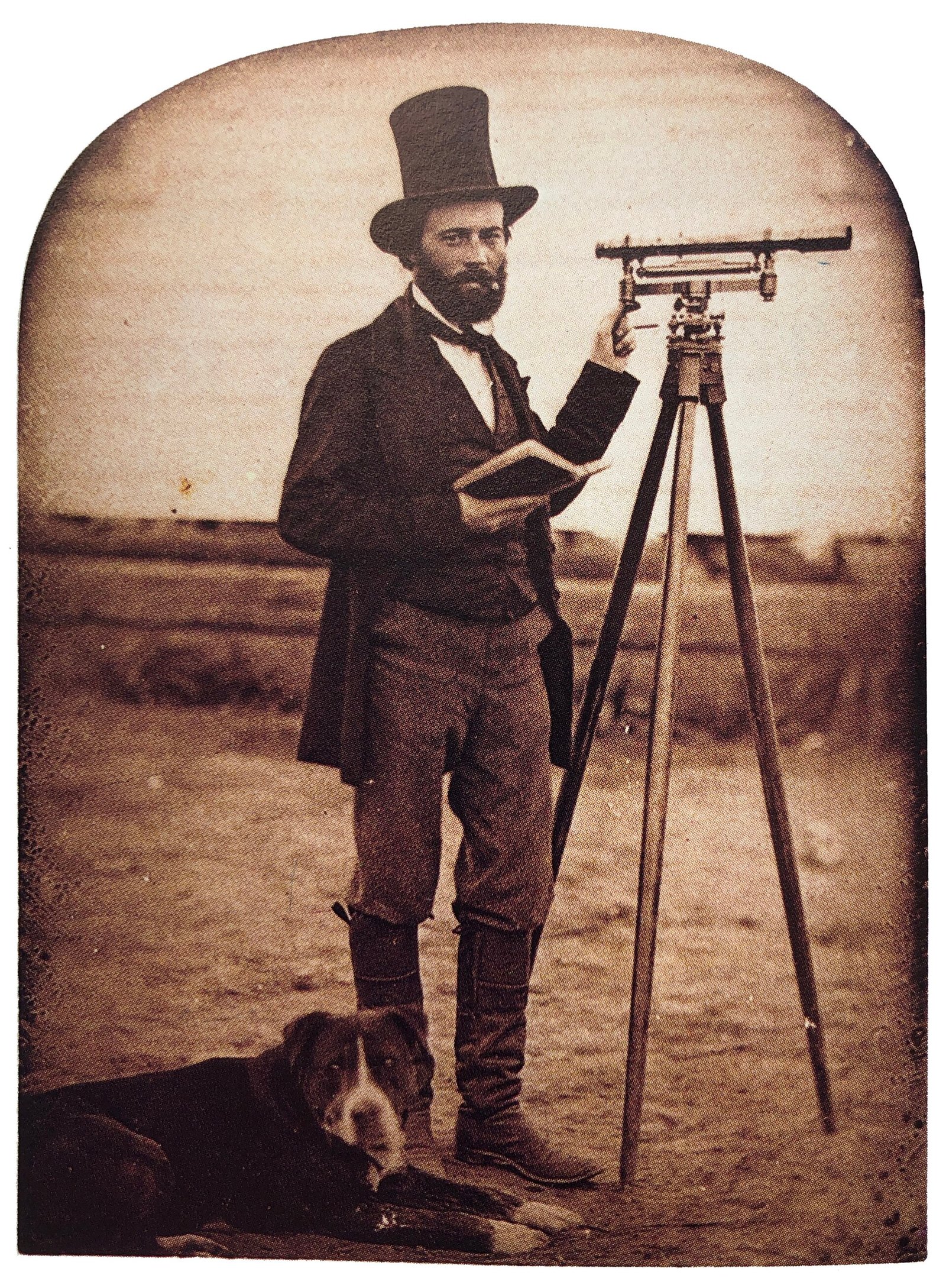 A surveyor standing at his instrument in the field, California, around 1854